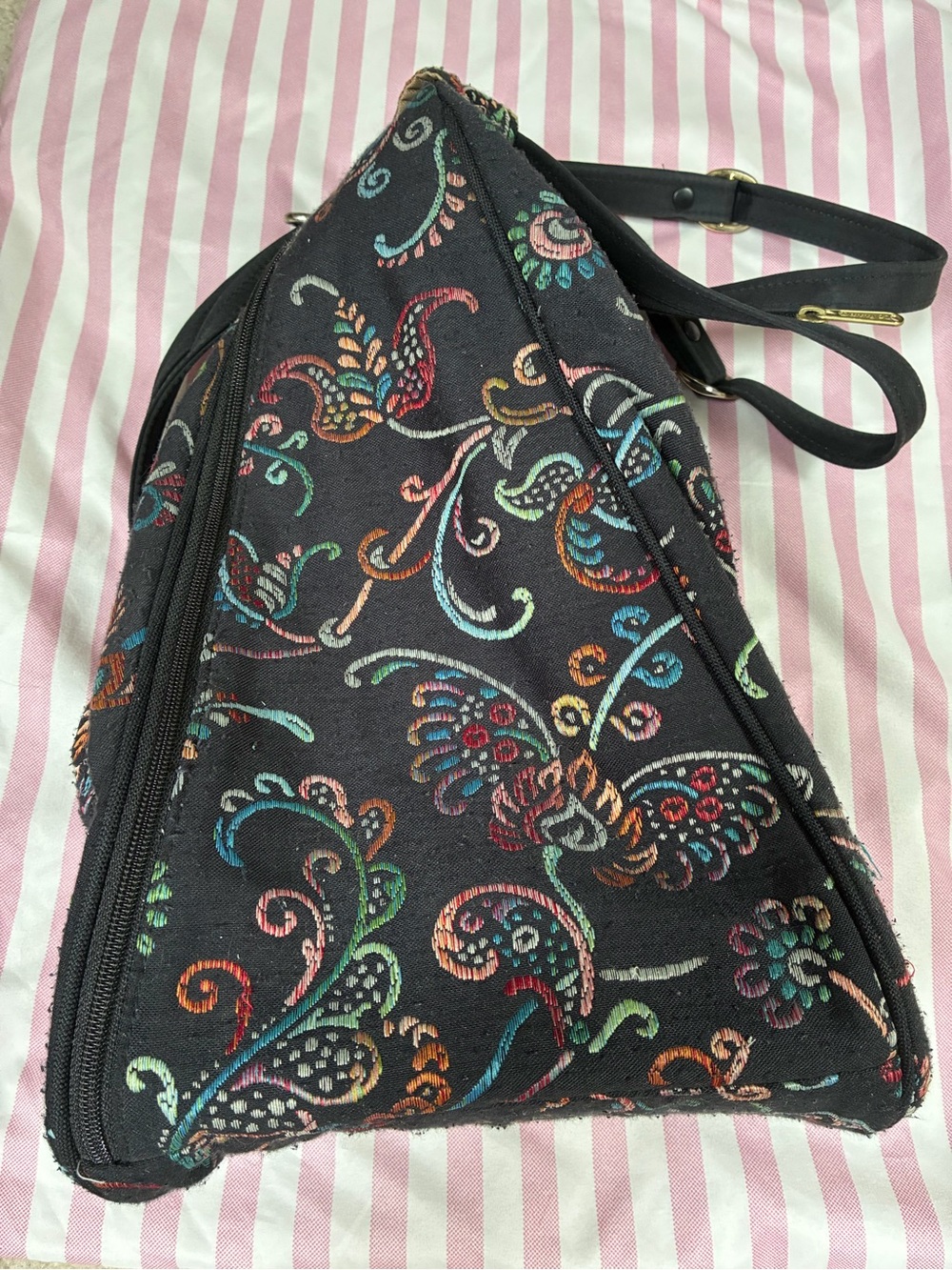 Black Floral-Print Triangle Cosmetic Case with Multicolor Embroidery
